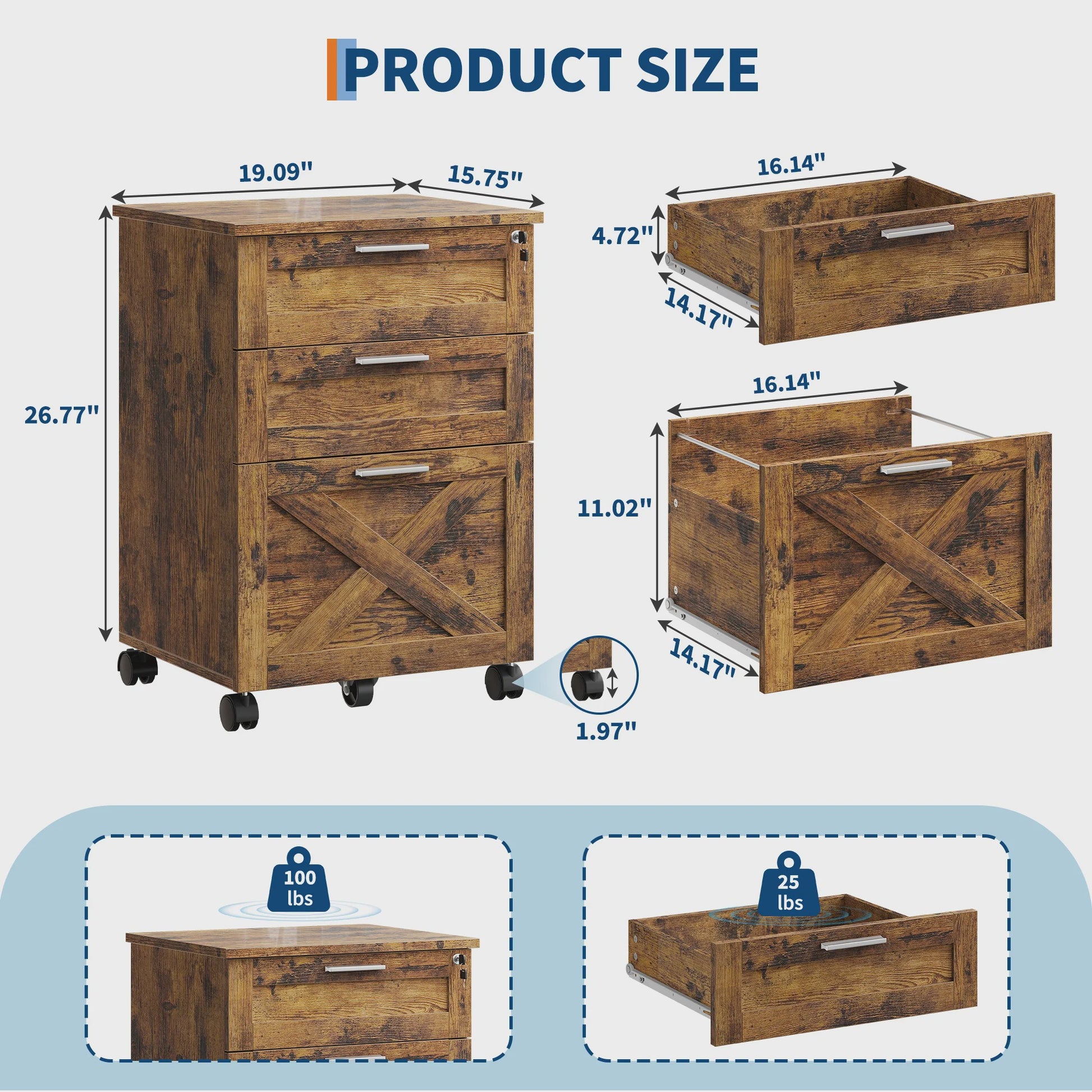 Mobiel 3-Laden Archiefkastje met Slot - Vintage Hout - Onder Bureau - Verrijdbaar Kantoor Opbergkast
