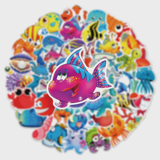 50x Schattige Zeedieren Cartoon Stickers - Oceaan Wereld, Koraal & Kwallen Decoratie voor Laptop & Dagboek