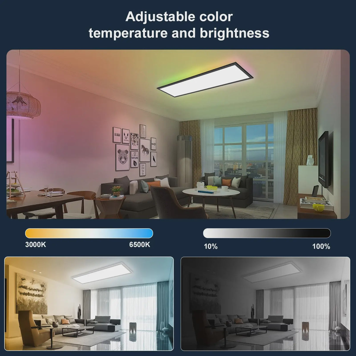 Dimbare LED Panelen 120x30cm met RGB Kleuren en Afstandsbediening - 40W, 4400LM, Zwart Frame