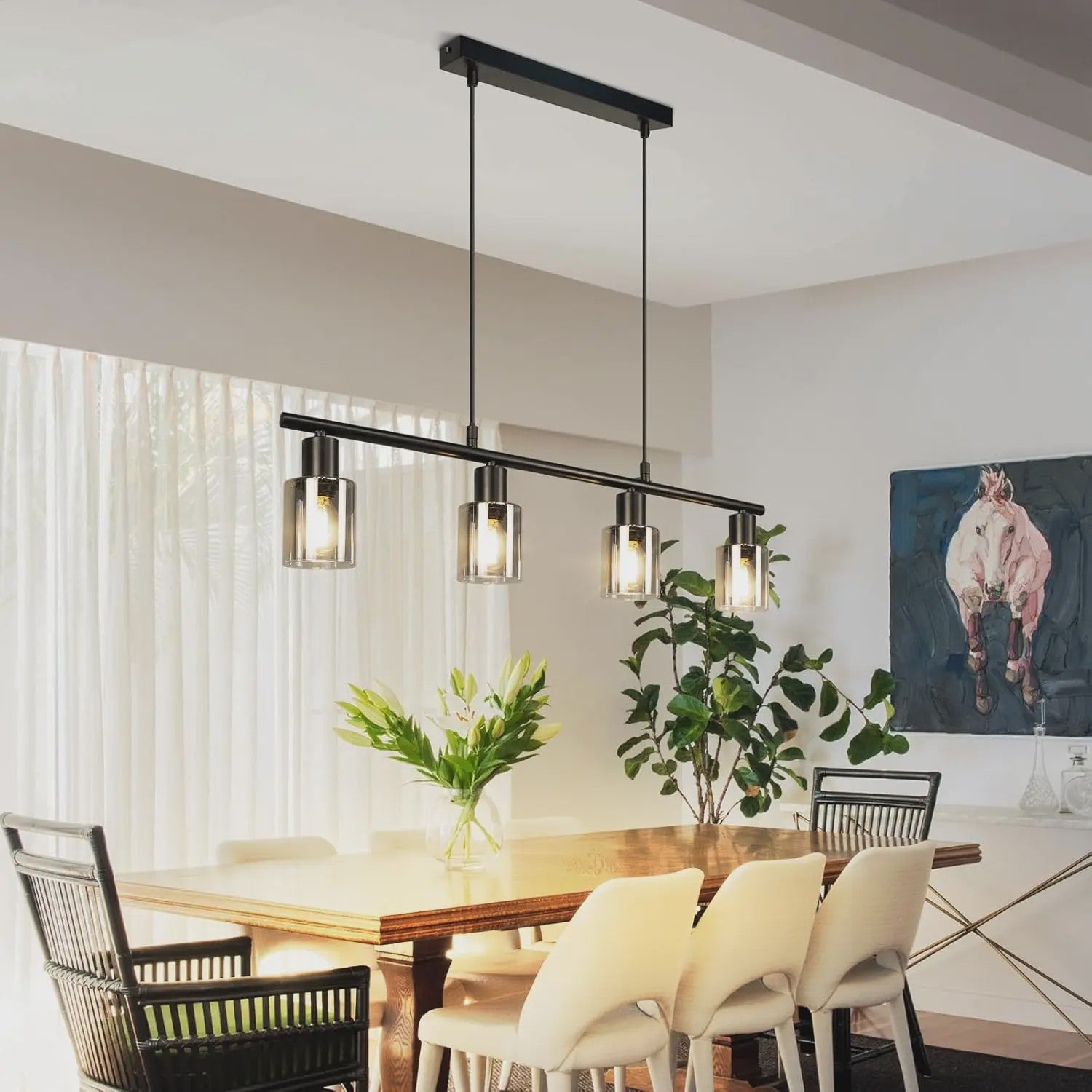 Vintage Zwarte Industriële Hanglamp voor Eettafel - 4-lichts Glas E14 Retro