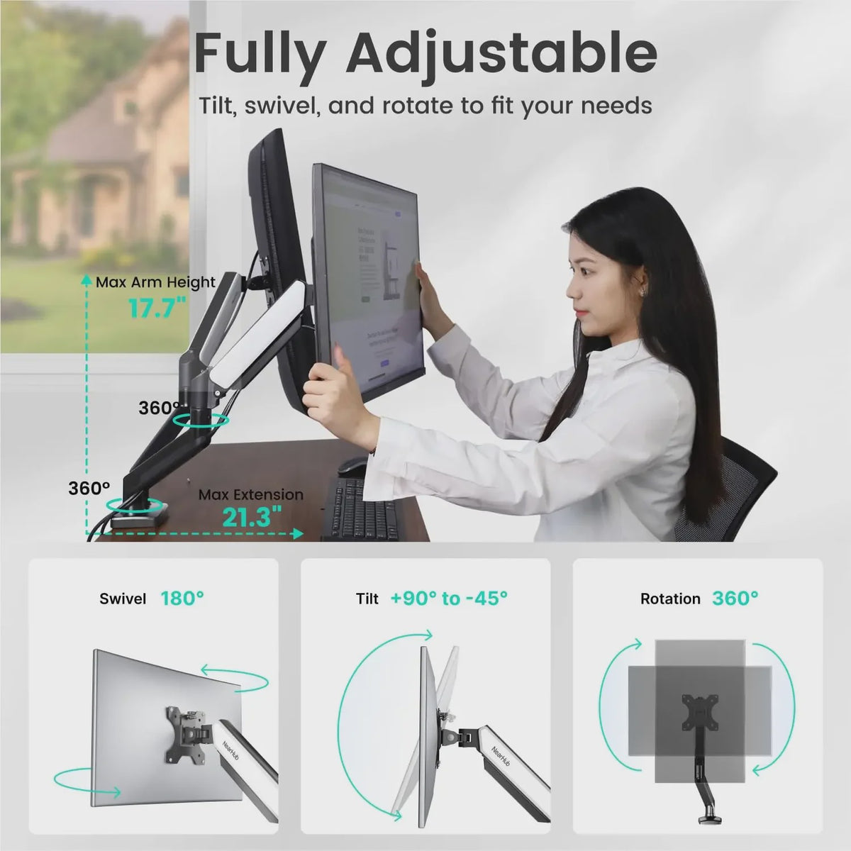 NearHub MS-002 Dubbele Monitor Arm met Klem- en Grommetbevestiging - Ergonomisch & Flexibel