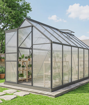 Outsunny Polycarbonaat Aluminium Tuinkas met Fundering - Schuifdeur & Verstelbaar Raam - 190x199 cm