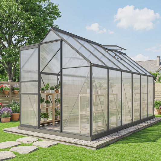 Outsunny Polycarbonaat Aluminium Tuinkas met Fundering - Schuifdeur & Verstelbaar Raam - 190x199 cm