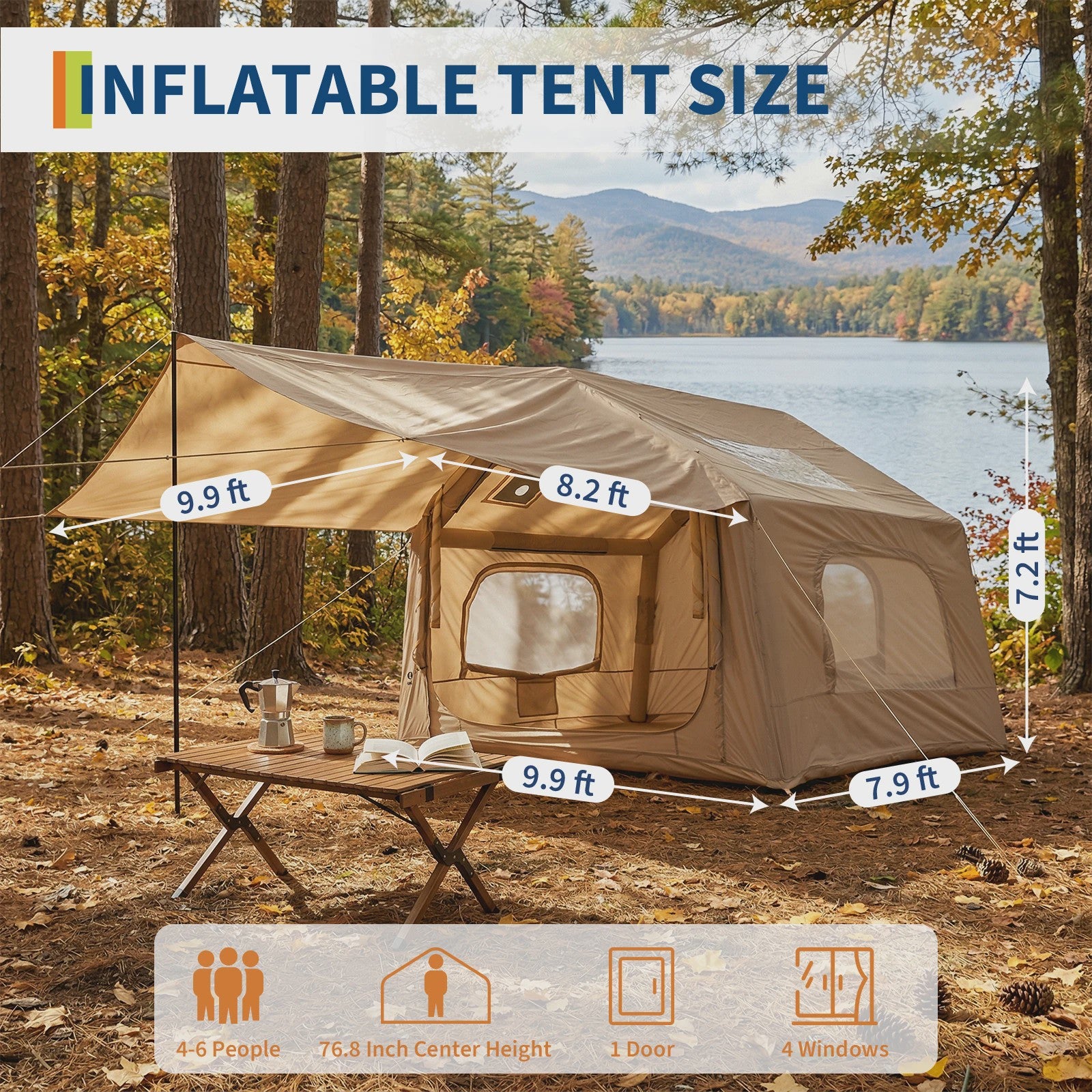 Opblaasbare Glamping Tent voor Camping - Waterdicht, 4-Seizoenen, Makkelijk Op te Zetten (2-6 Pers.)