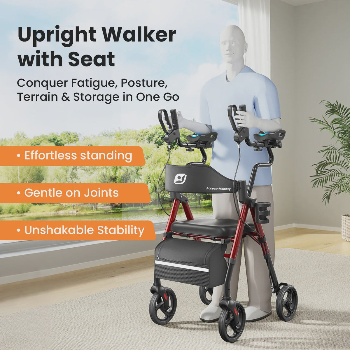 Staande Rollator Walker met PU Zadel en Rugleuning - Opvouwbaar voor Senioren