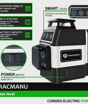 Pracmanu 3D Laserwaterpas met 12 Groene Lijnen - Zelfnivellerend Kruislijn Laser