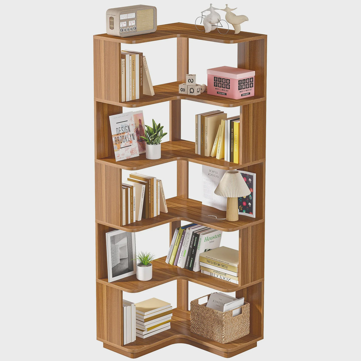 Industriële Hoek Boekenkast 6 Lagen - 165 cm Hoog met Anti-Drop Paneel