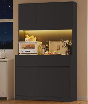 Hoge Keukenkast met LED & Stopcontact - 180cm Breed - 6 Deuren, 2 Lades, Verstelbare Planken