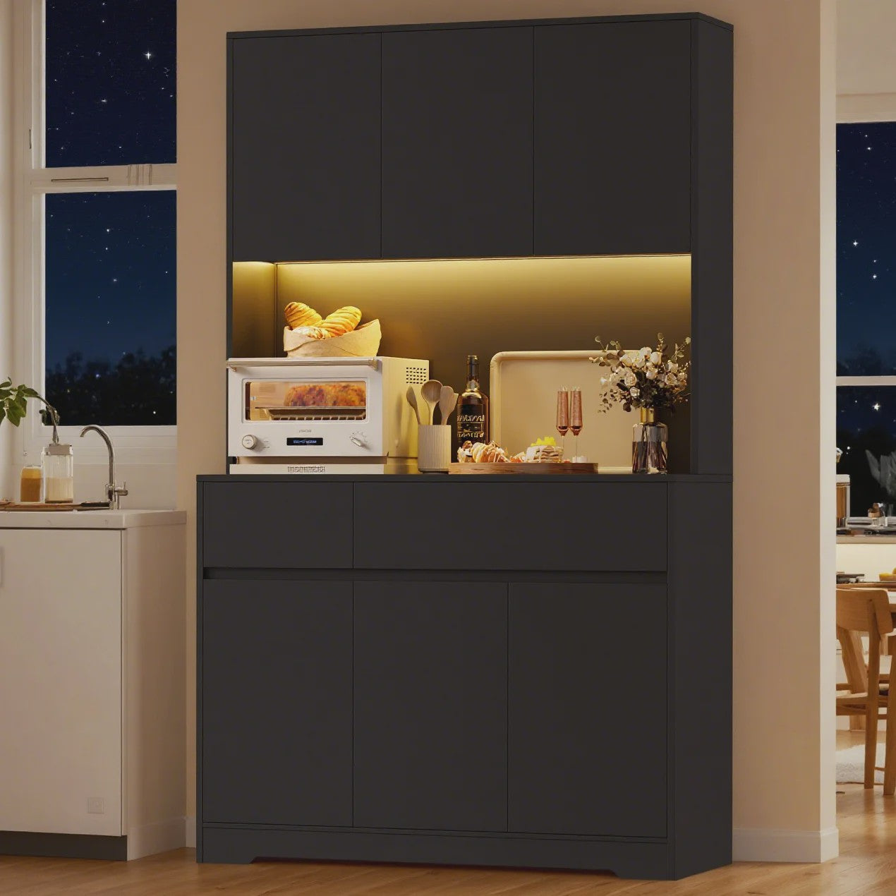 Hoge Keukenkast met LED & Stopcontact - 180cm Breed - 6 Deuren, 2 Lades, Verstelbare Planken