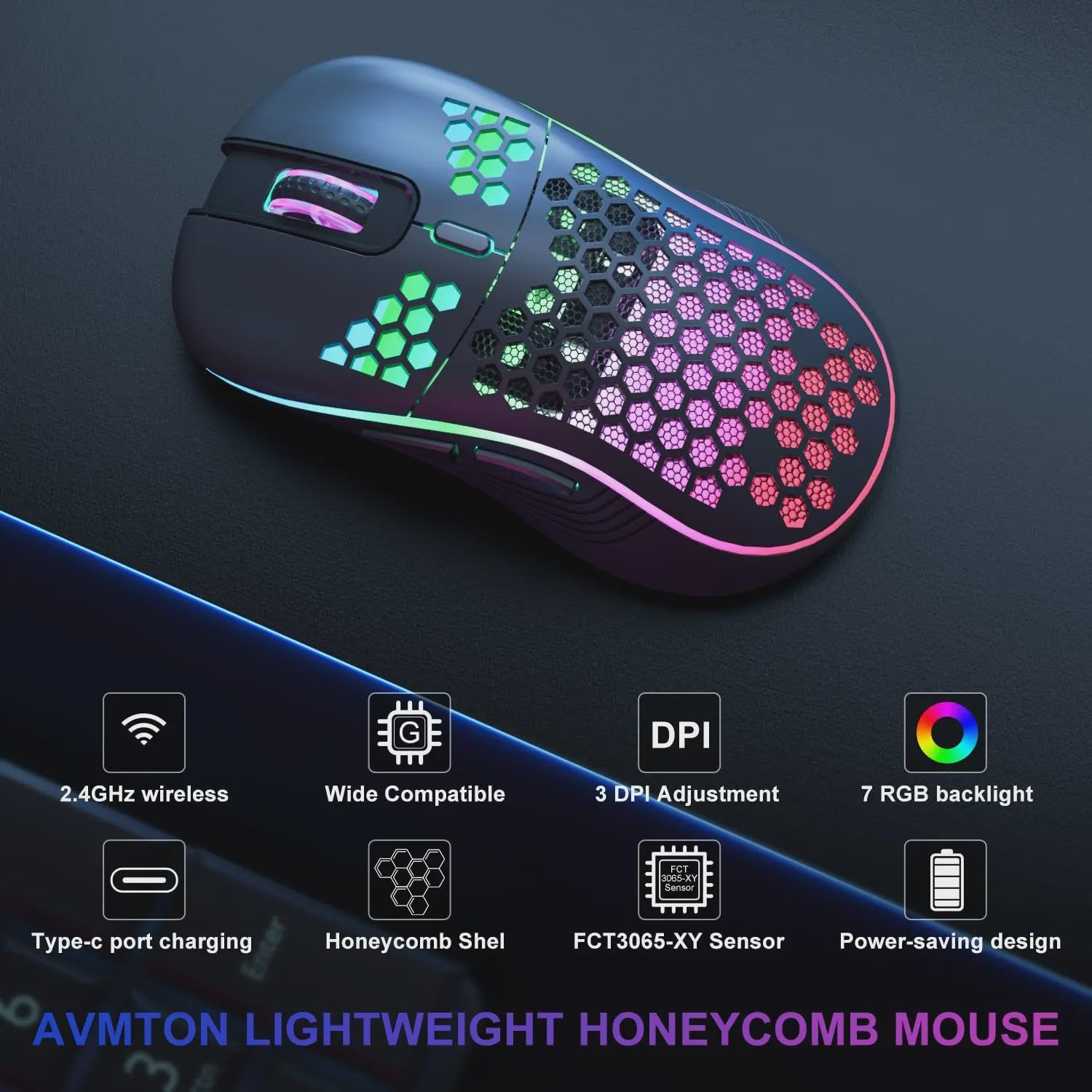 Draadloze RGB Honeycomb Muis - Lichtgewicht, Oplaadbaar & Instelbare DPI