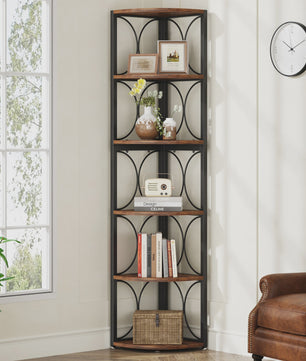 Tribesigns Hoekboekenkast 6 Niveaus - 155 cm Hoge Staande Opbergrek met Rustiek Design