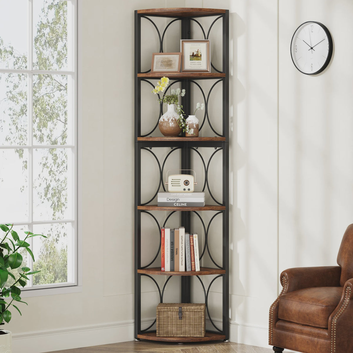 Tribesigns Hoekboekenkast 6 Niveaus - 155 cm Hoge Staande Opbergrek met Rustiek Design