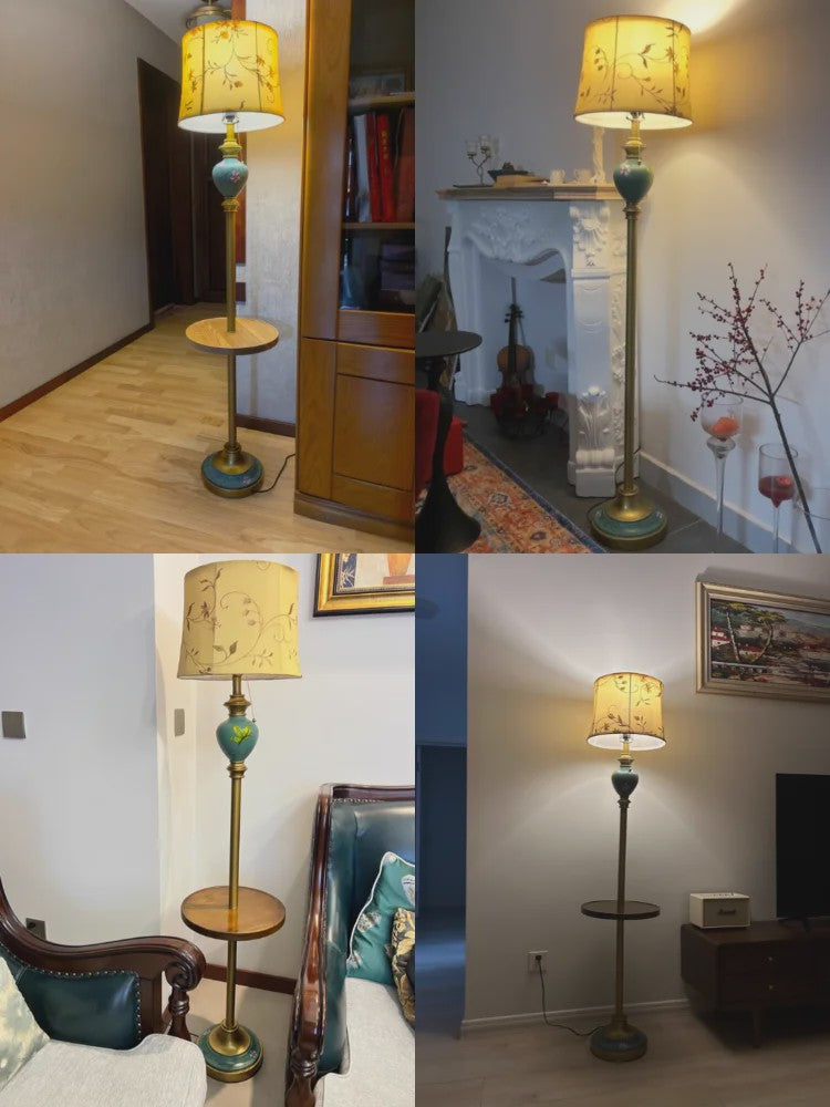 Luxe Retro Vloerlamp met Stoffen Kap en Handig Bijzettafeltje