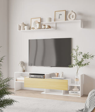 Moderne TV Meubel met Wandrek - 153.6 cm Breed - Wit met Houtdecor Front