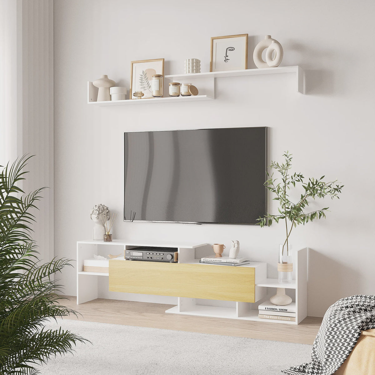 Moderne TV Meubel met Wandrek - 153.6 cm Breed - Wit met Houtdecor Front