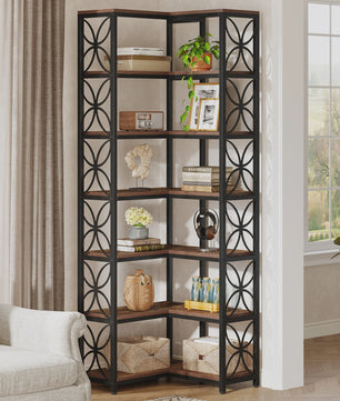 L-Vormige Hoek Boekenkast 7-Laags - 79 Inch Hout & Metaal - Vrijstaand