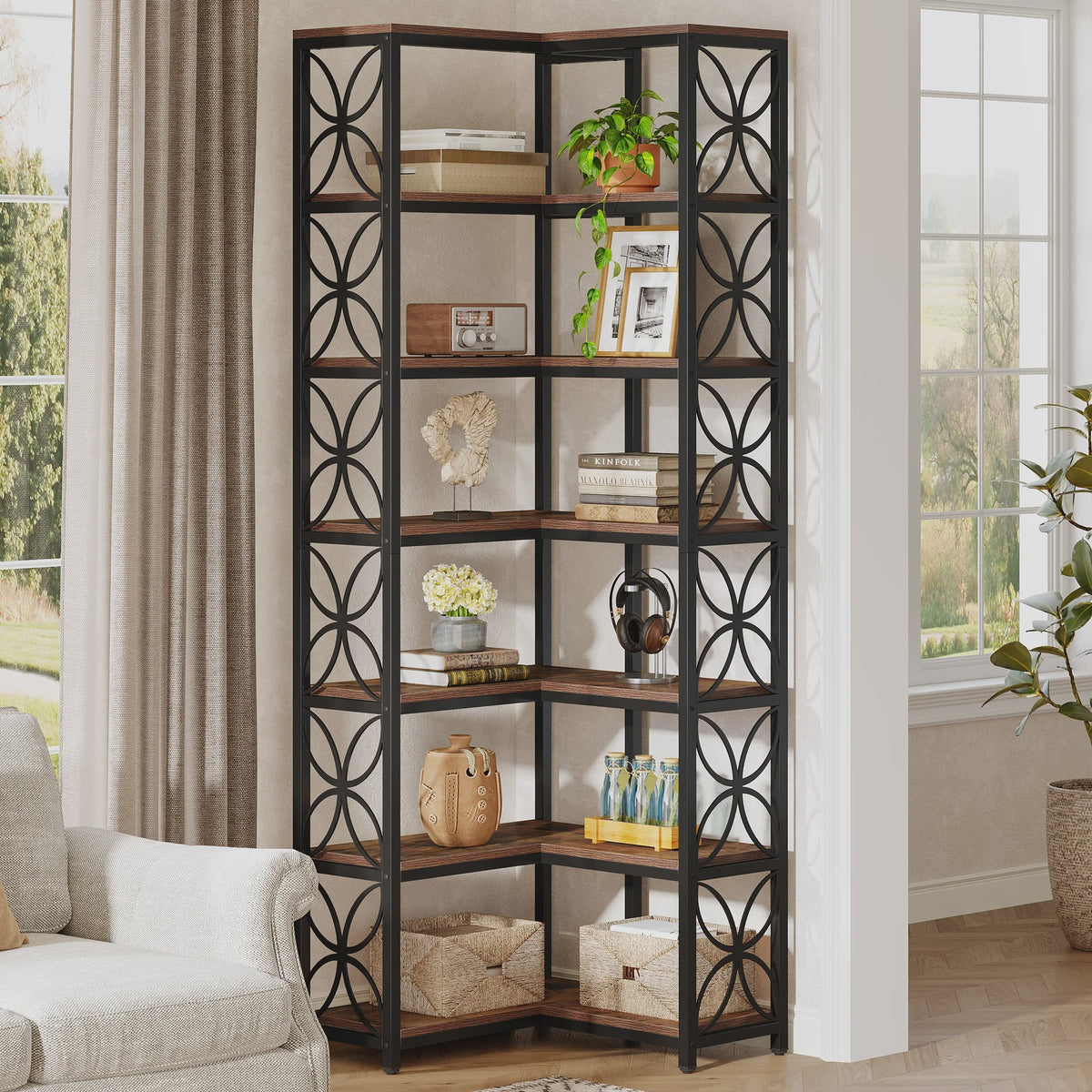 L-Vormige Hoek Boekenkast 7-Laags - 79 Inch Hout & Metaal - Vrijstaand