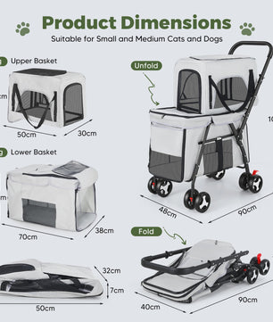 3-in-1 Hondenbuggy met 2 Niveaus - Draagbaar, Opvouwbaar & Veilig - Grijs