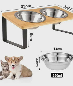Verhoogde Houten Voerbak voor Katten en Honden - 15° Kantelbaar met RVS Kom