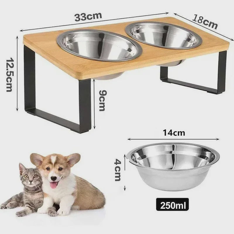 Verhoogde Houten Voerbak voor Katten en Honden - 15° Kantelbaar met RVS Kom