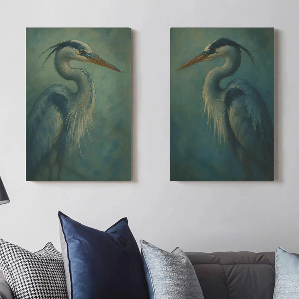 Japandi Poster Set: Roze Japanse Kraanvogels & Blauwe Reigers op Canvas