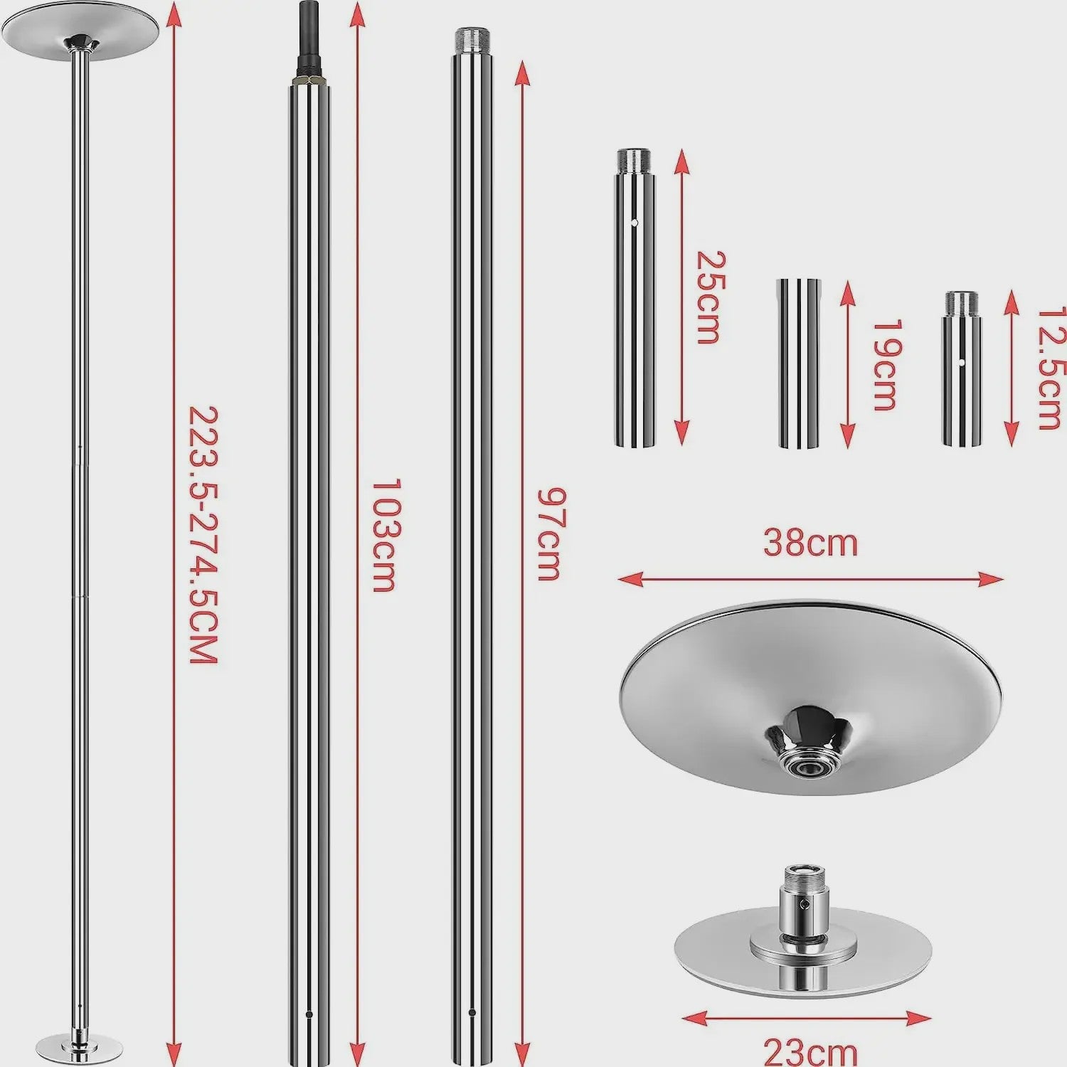 Professionele 45mm Danspaal - Verwijderbaar & In Hoogte Verstelbaar (2.35-2.74m) voor Thuis Fitness