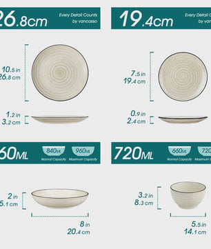 vancasso BONBON 24-delig servies set beige voor 6 personen - Handgeschilderd spiraalpatroon, magnetron- en vaatwasserbestendig