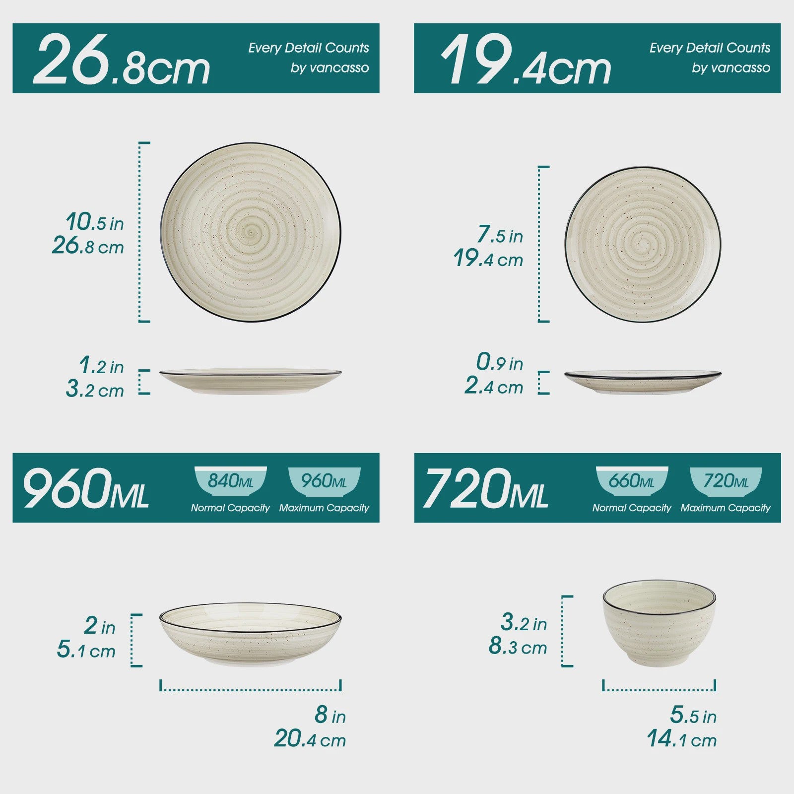 vancasso BONBON 24-delig servies set beige voor 6 personen - Handgeschilderd spiraalpatroon, magnetron- en vaatwasserbestendig