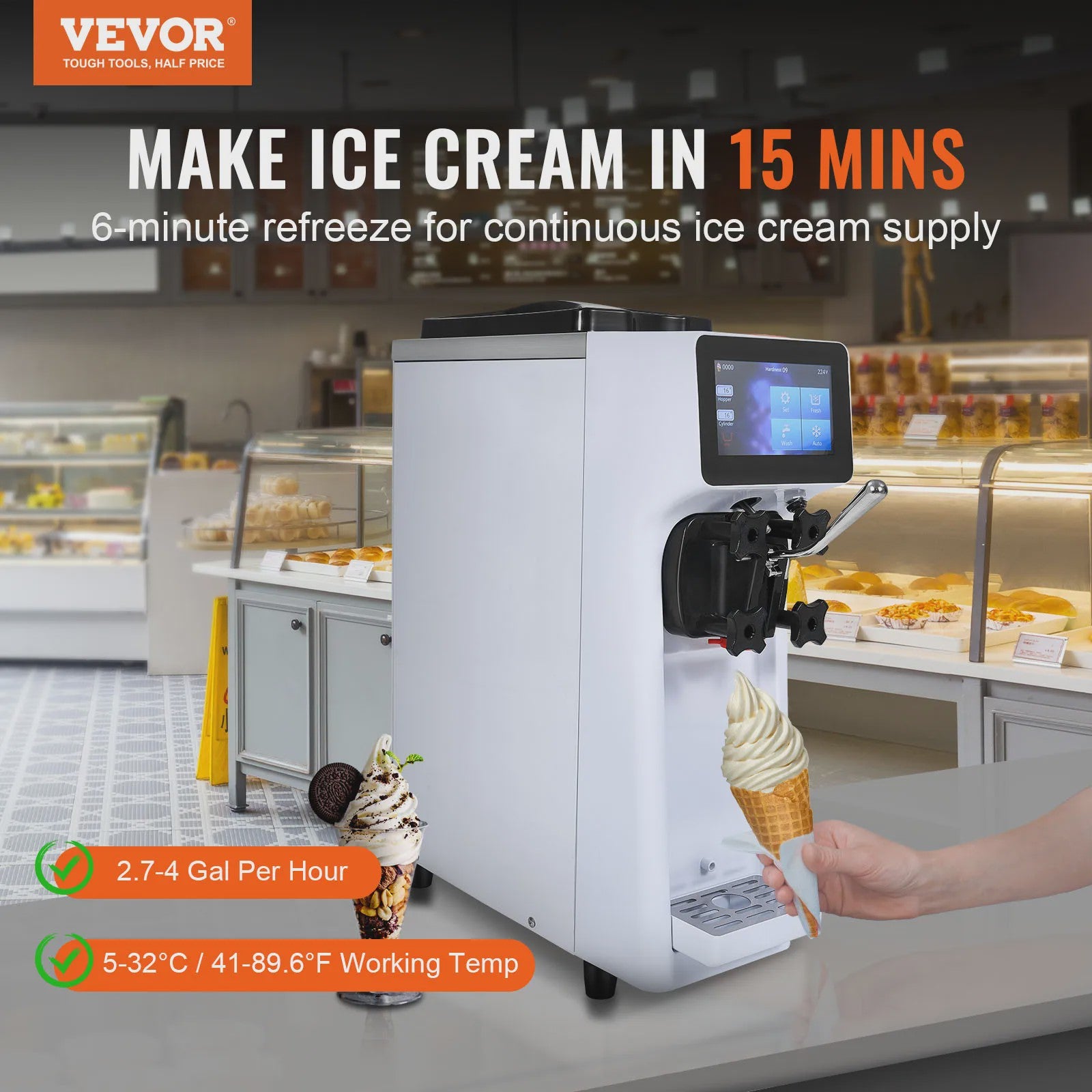 Professionele Soft Serve IJsmachine - 4L Hopper - 10.6 QT/U - 1000W - Enkele Smaak - Aanrechtmodel
