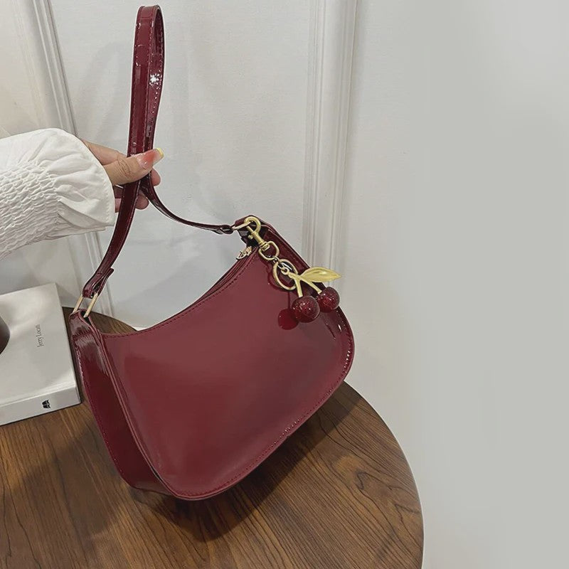 Retro PU Leren Schoudertas Dames met Kersenhanger - Vintage Crossbody Tas