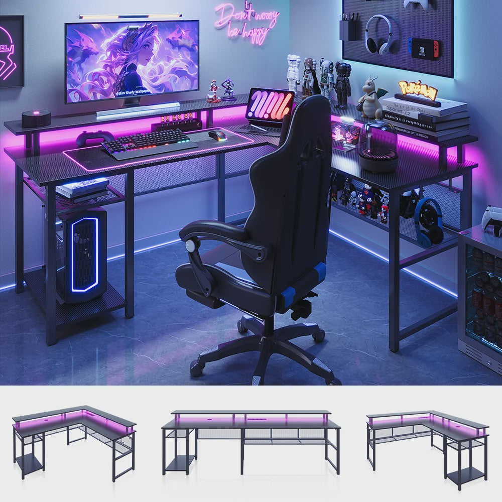L-vormige Gaming Bureau 136x75cm met LED Verlichting en USB Poort - Ideaal voor Gamers en Werk