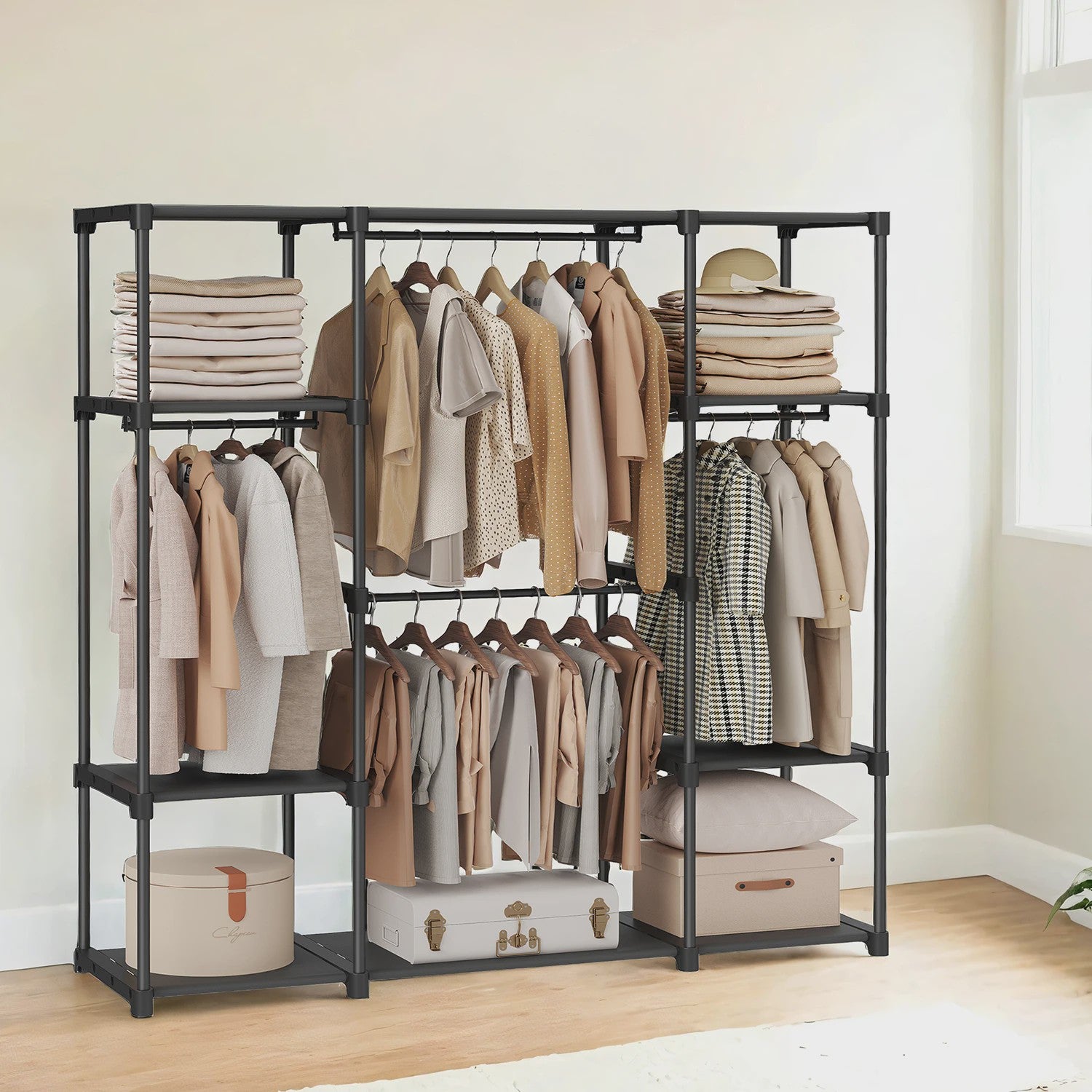 SONGMICS Open Kledingrek met Garderobestang en Legplanken - Zwart, 43x151x166 cm