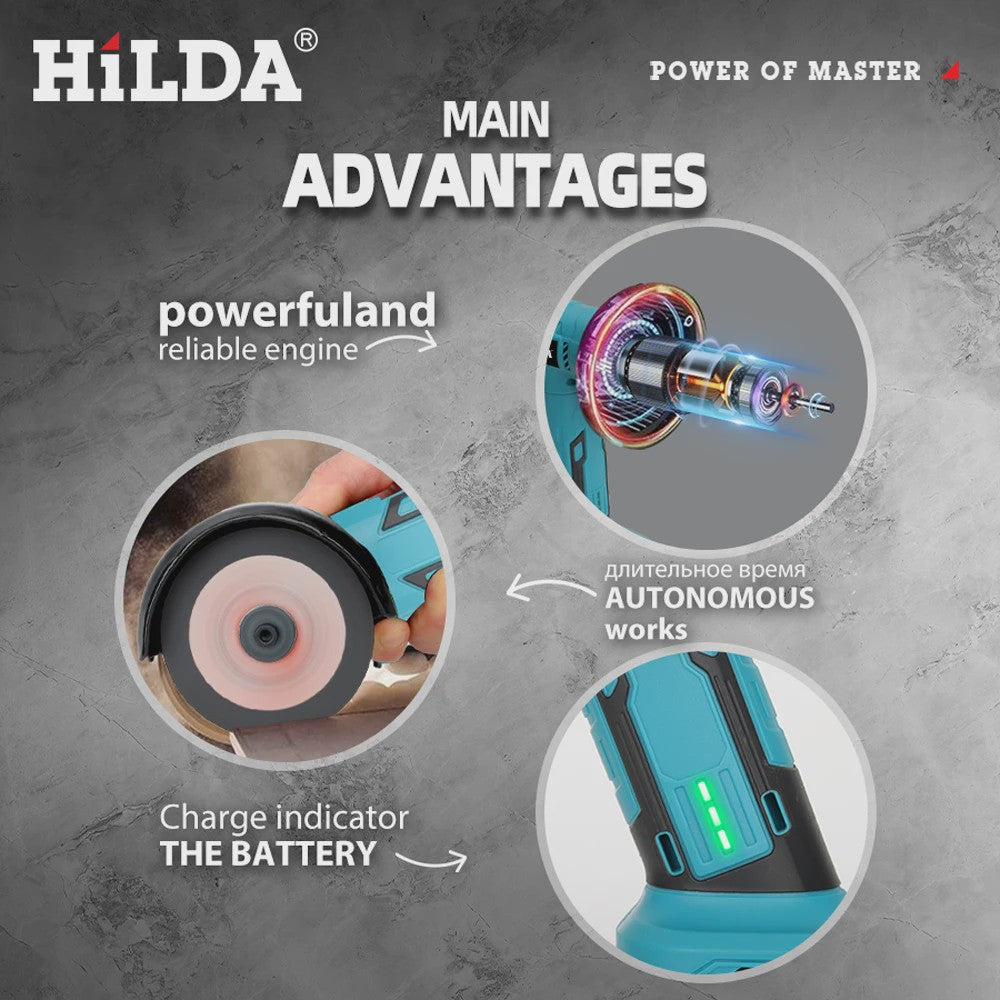 HILDA Mini Haakse Slijper 3 Inch - Draadloos, Borstelloos & Krachtig voor Hout, Keramiek & Metaal (21V)