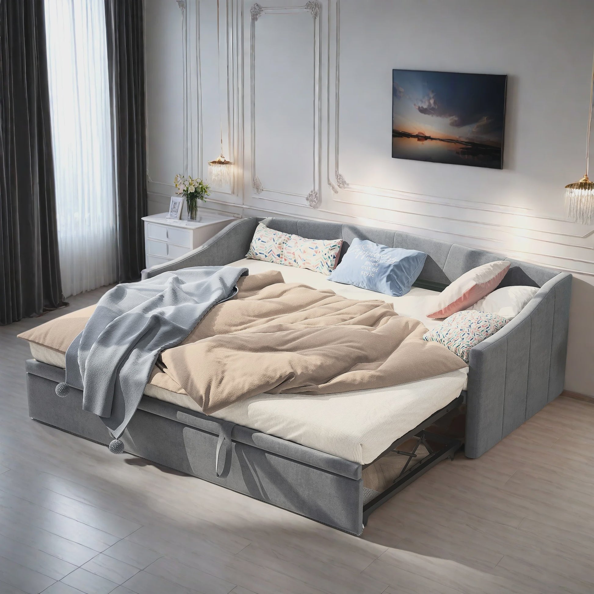 Uitschuifbare Daybed Sofa Bed 90/180x200 cm - Gestoffeerd Slaapbank met Uittrekbaar Bed