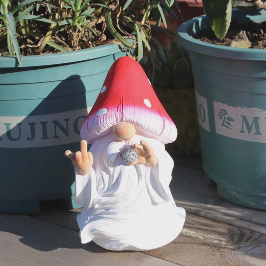 Grappige Mushroom Kabouter Tuinbeeld met Middenvinger - Humoristische Decoratie voor Binnen & Buiten