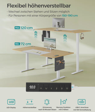 SONGMICS Elektrisch In Hoogte Verstelbaar Bureau 180x80 cm met USB-C en Geheugenfunctie