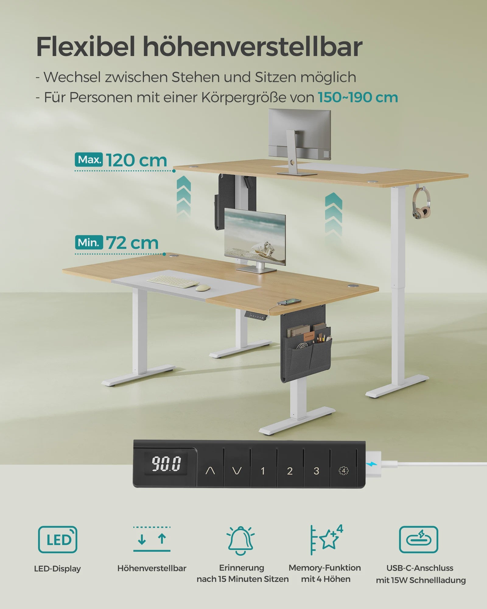 SONGMICS Elektrisch In Hoogte Verstelbaar Bureau 180x80 cm met USB-C en Geheugenfunctie