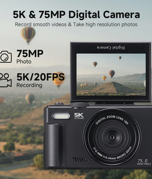 5K Digitale Camera met 75MP, 18x Zoom & 180° Flip Screen - Perfect voor Vlogs, YouTube & Selfies - WiFi