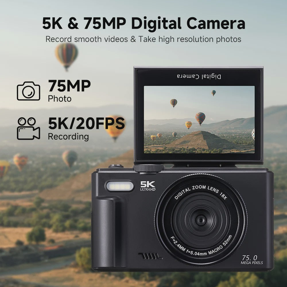 5K Digitale Camera met 75MP, 18x Zoom & 180° Flip Screen - Perfect voor Vlogs, YouTube & Selfies - WiFi