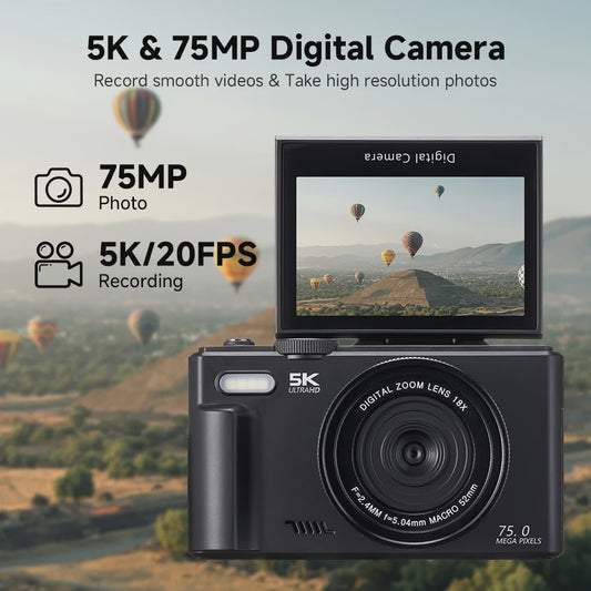 5K Digitale Camera met 75MP, 18x Zoom & 180° Flip Screen - Perfect voor Vlogs, YouTube & Selfies - WiFi