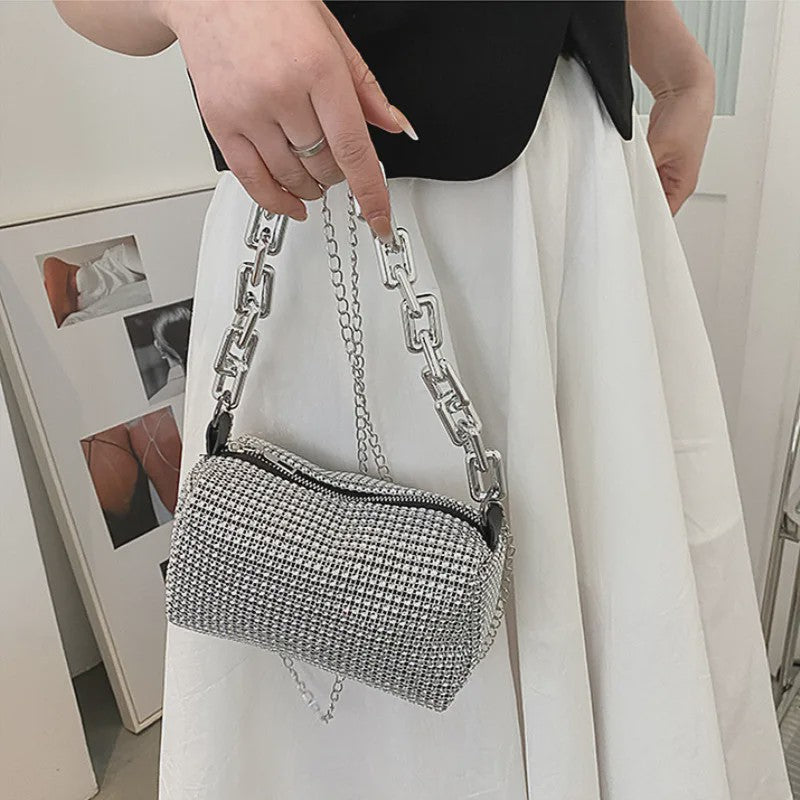 Glamoureuze Strass Bucket Bag met Glitter Ketting - Mini Crossbody Tasje