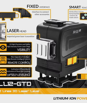 DEKO LL12-GTD 3D Laser Waterpas - 12 Groene Lijnen, Afstandsbediening & Zelfnivellerend