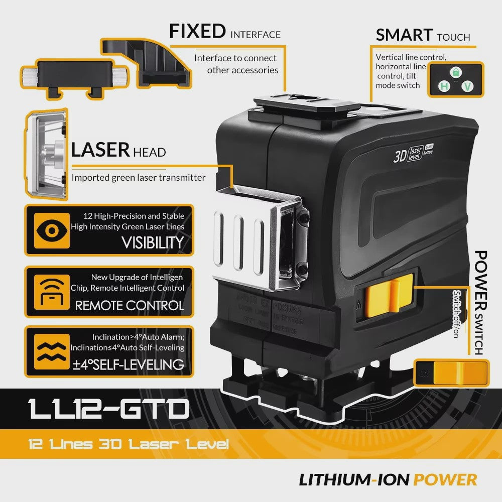 DEKO LL12-GTD 3D Laser Waterpas - 12 Groene Lijnen, Afstandsbediening & Zelfnivellerend