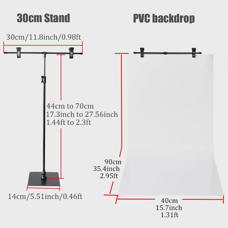 T-vormige Achtergrondstandaard (30cm) met PVC Backdrop voor Productfotografie