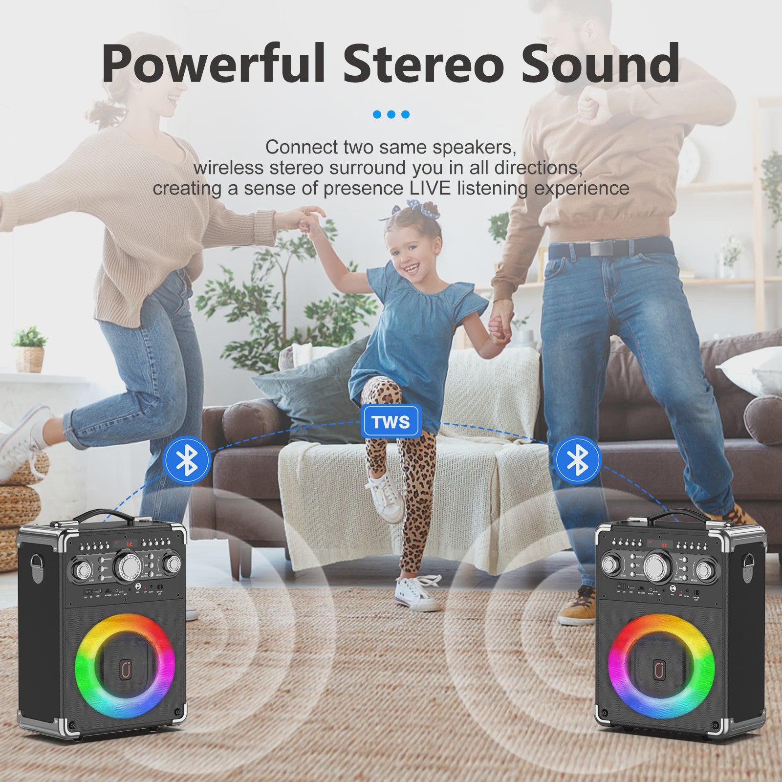 S8-T Karaoke Machine met 3 Draadloze Microfoons - TWS, USB, TF, Gitaar & TV Connectie