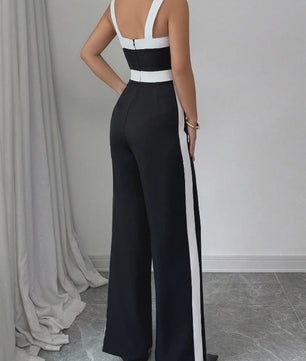 Elegante Zwart-Witte Jumpsuit met Vierkante Hals en Contrastrand - Feestelijke Stijl