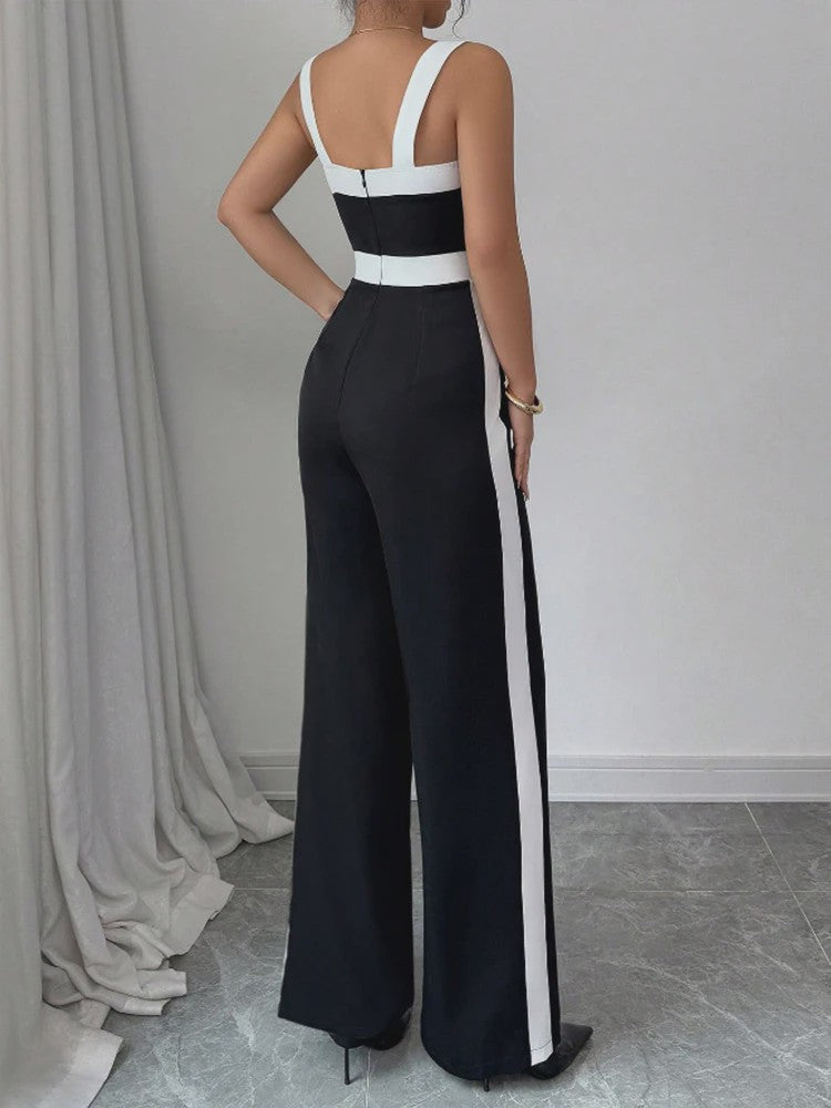 Elegante Zwart-Witte Jumpsuit met Vierkante Hals en Contrastrand - Feestelijke Stijl