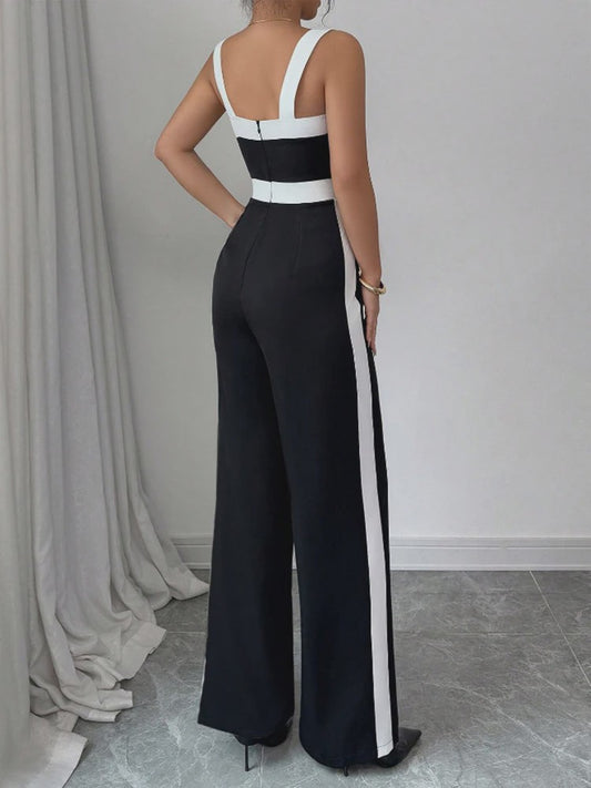 Elegante Zwart-Witte Jumpsuit met Vierkante Hals en Contrastrand - Feestelijke Stijl