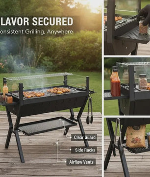 Stevige Zwarte Houtskool BBQ Grill met Windscherm en Kruidenrek - Perfect voor Tuinfeesten