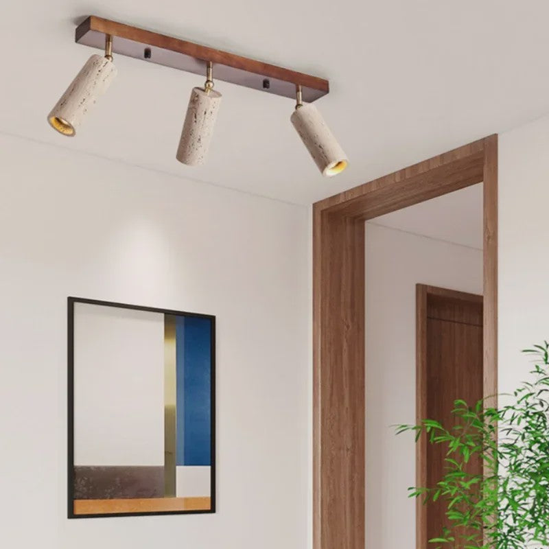 Japanse Wabi-Sabi Plafondlamp: Gele Travertin Spot met 3 Lampen